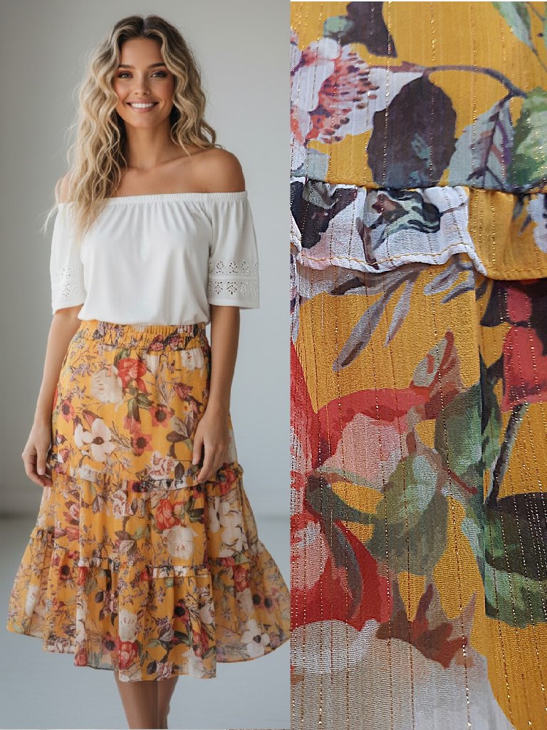 Tiered Floral Prairie Skirt W Gold Threads  Inc Brand